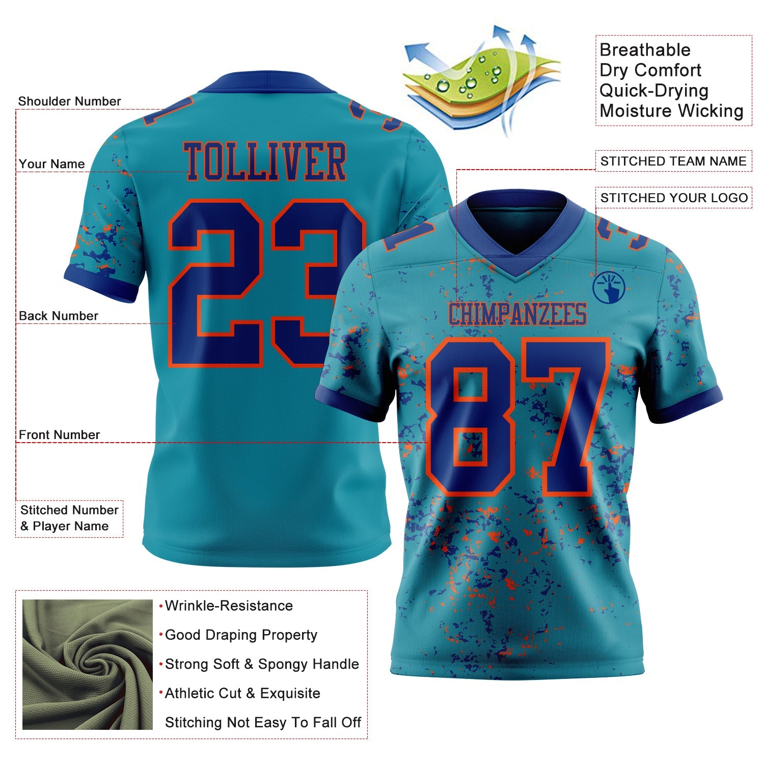 Custom Teal Royal-Orange Authentic Abstract Shattered Paint Splatter Football Jersey view 2