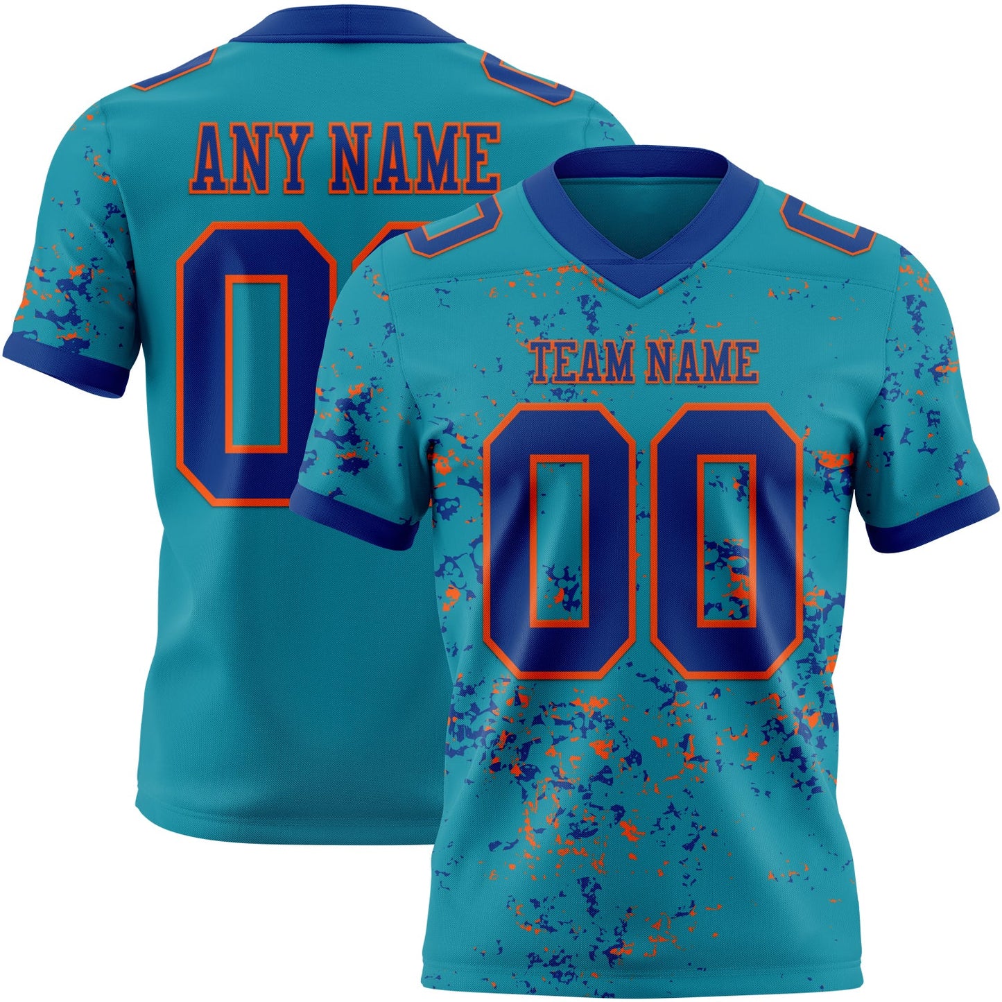 Custom Teal Royal-Orange Authentic Abstract Shattered Paint Splatter Football Jersey - Main View