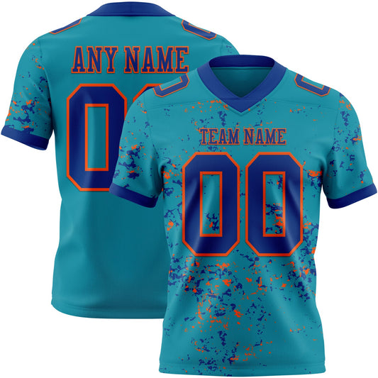 Custom Teal Royal-Orange Authentic Abstract Shattered Paint Splatter Football Jersey - Main View