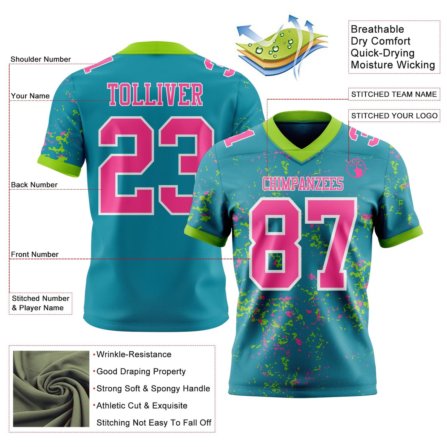 Custom Teal Pink Neon Green-White Authentic Abstract Shattered Paint Splatter Football Jersey view 2
