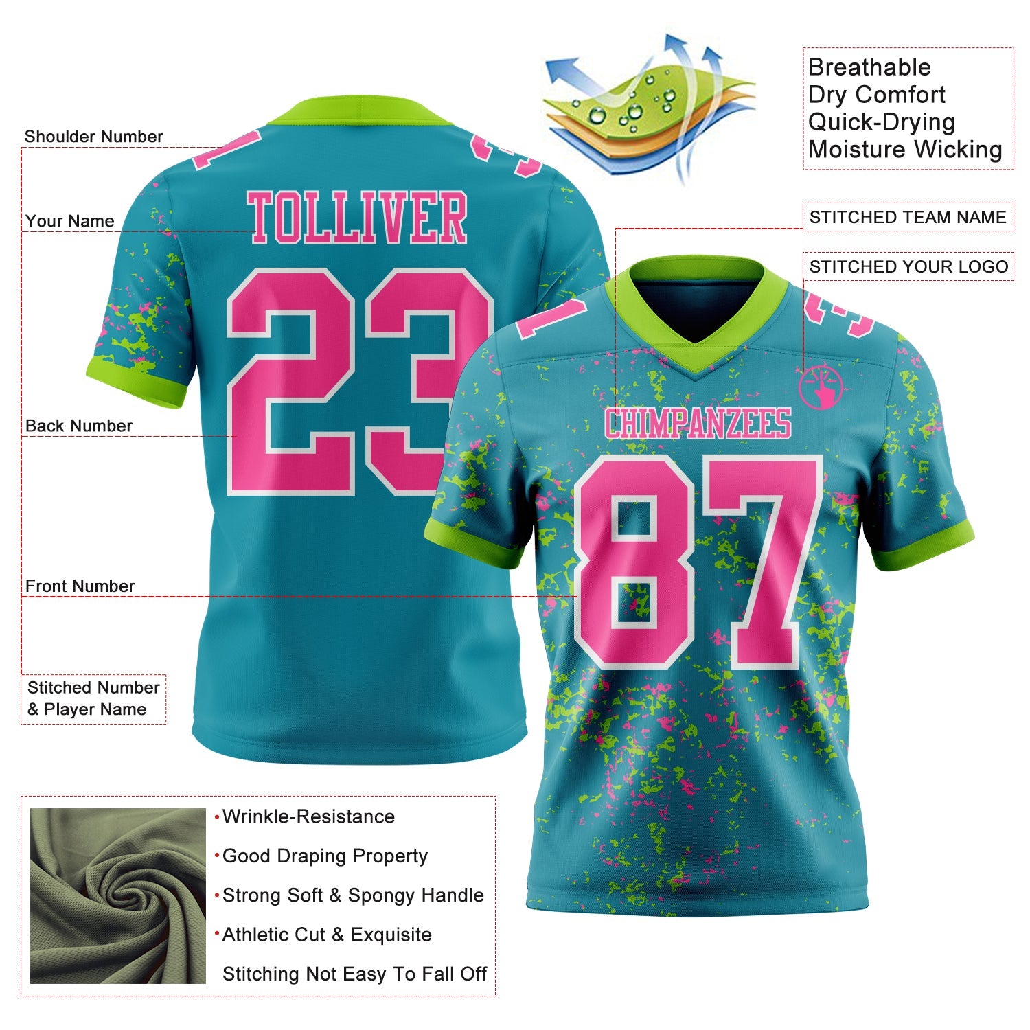 Custom Teal Pink Neon Green-White Authentic Abstract Shattered Paint Splatter Football Jersey view 2