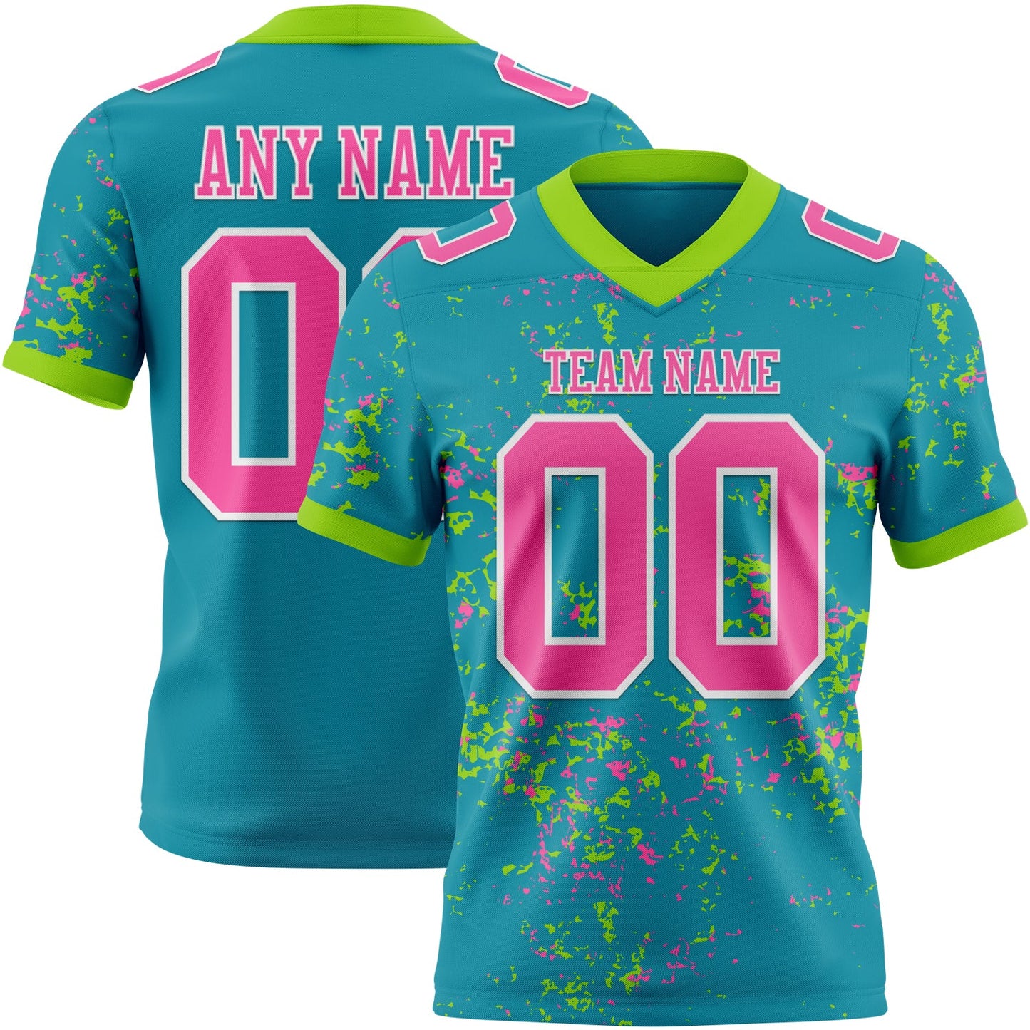 Custom Teal Pink Neon Green-White Authentic Abstract Shattered Paint Splatter Football Jersey - Main View