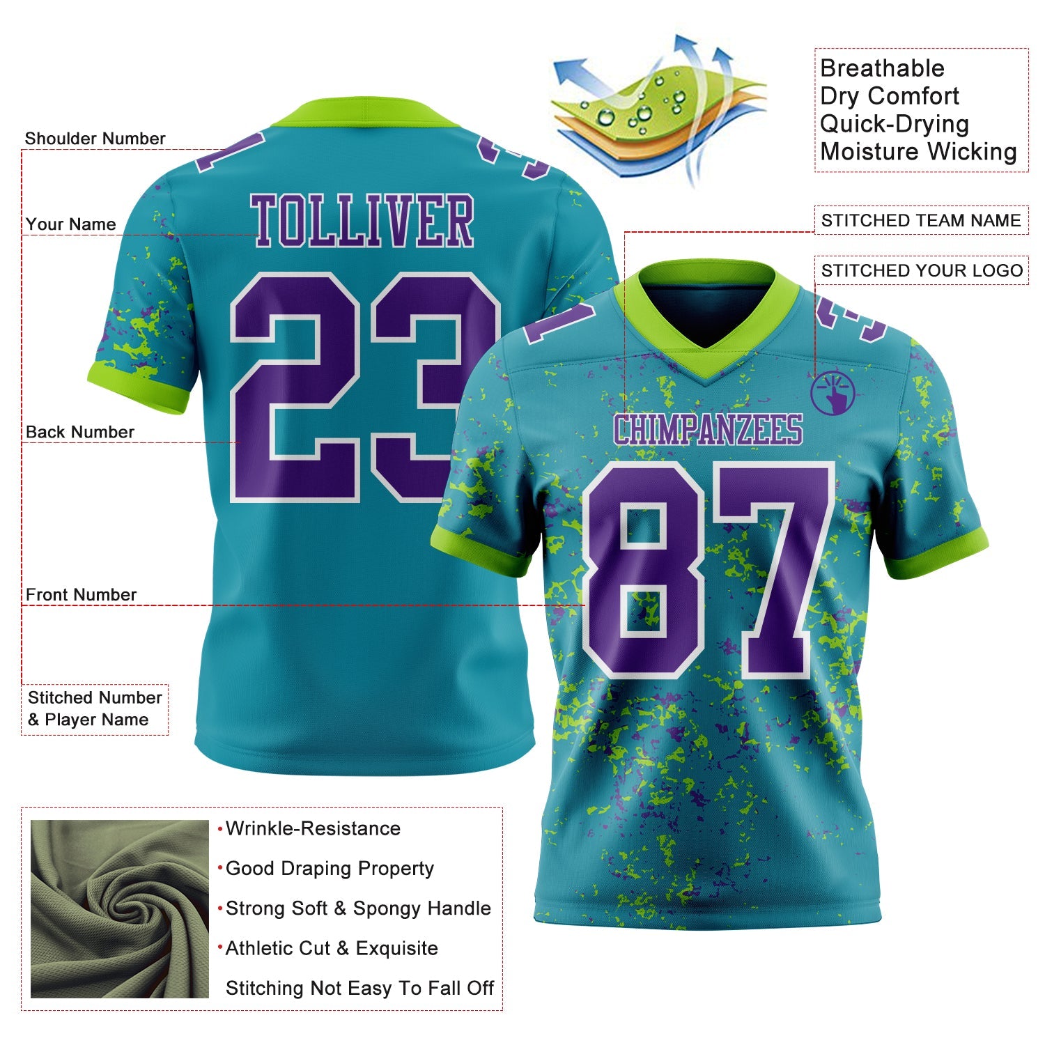 Custom Teal Purple Neon Green-White Authentic Abstract Shattered Paint Splatter Football Jersey view 2