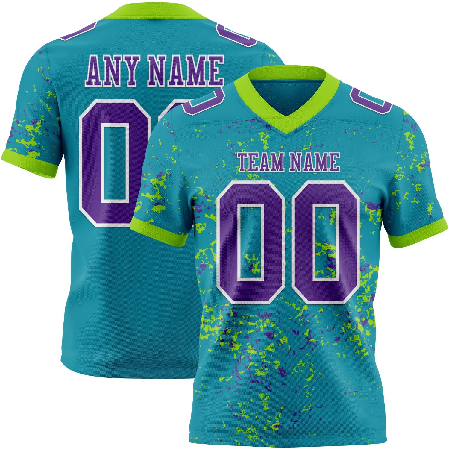 Custom Teal Purple Neon Green-White Authentic Abstract Shattered Paint Splatter Football Jersey - Main View
