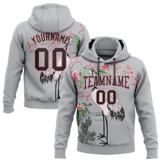 Custom Stitched Gray Black-Medium Pink 3D Pattern Design Heron And Flower Sports Pullover Sweatshirt Hoodie - Main View