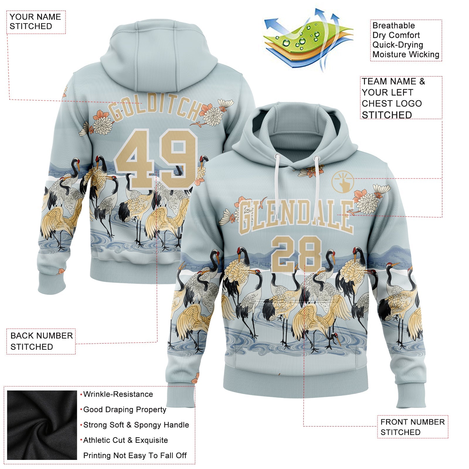 Custom Stitched Lakes Blue White-Vegas Gold 3D Pattern Design Heron Sports Pullover Sweatshirt Hoodie view 2
