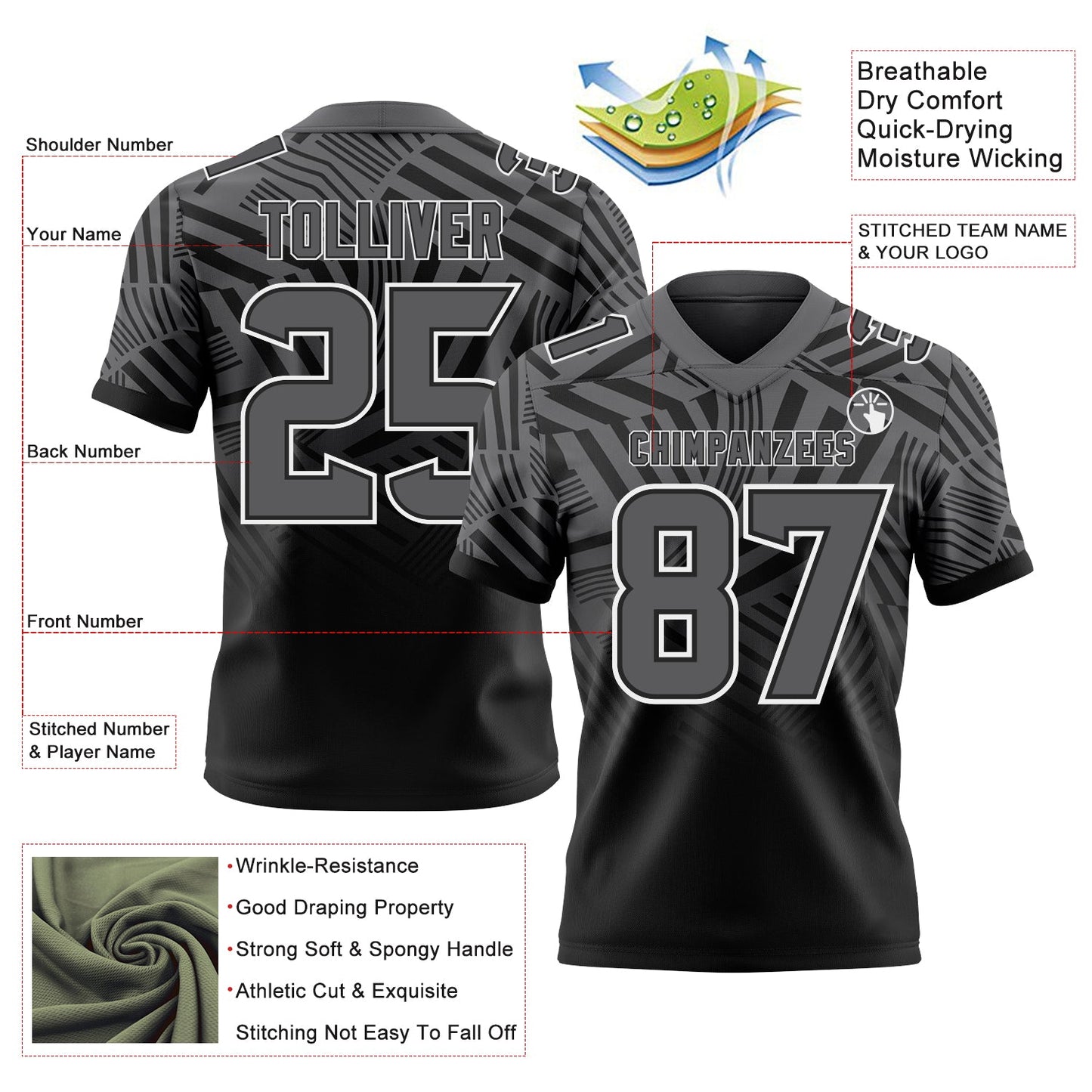 Custom Steel Gray Black-White Authentic Abstract Geometric Lines Gradient Football Jersey view 2
