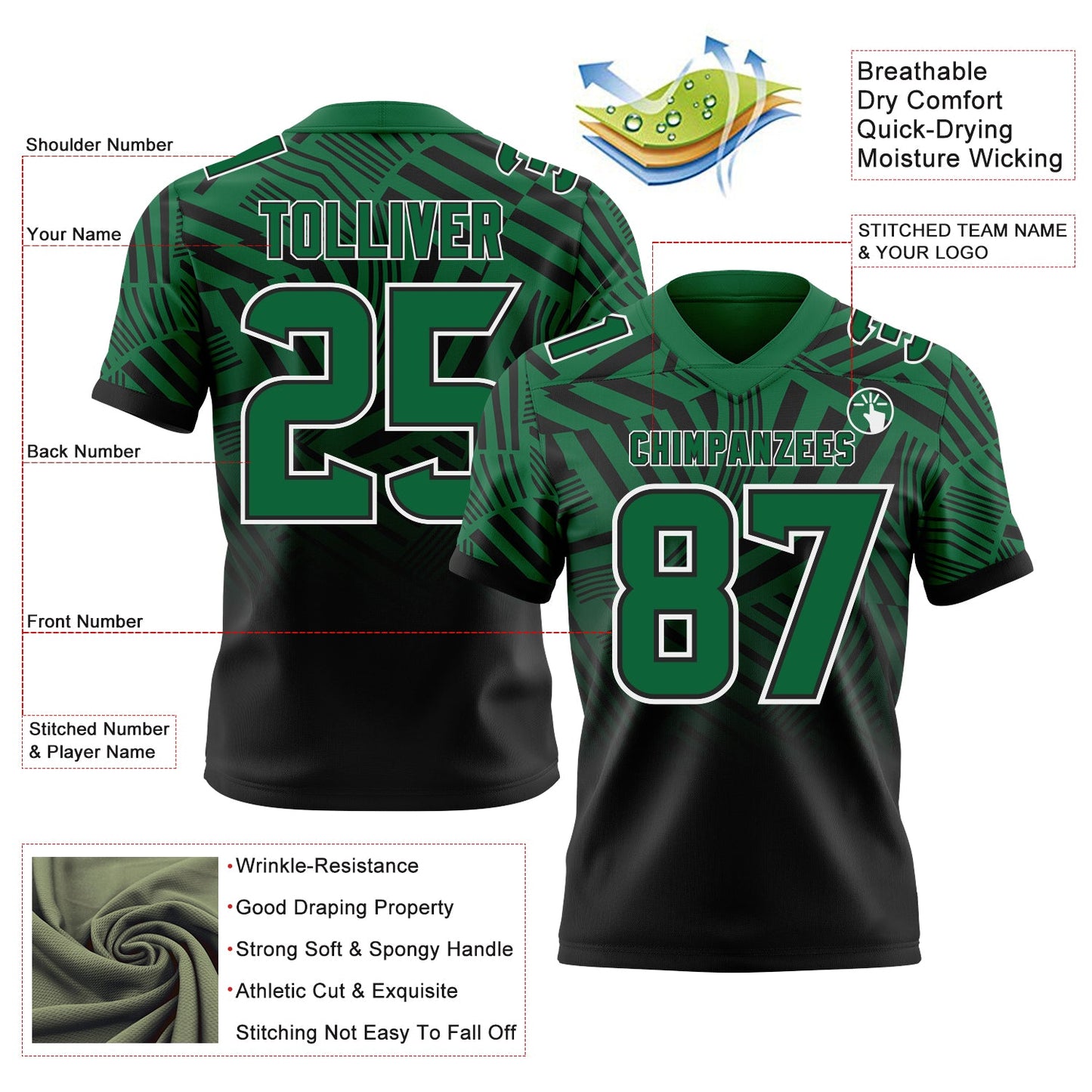 Custom Kelly Green Black-White Authentic Abstract Geometric Lines Gradient Football Jersey view 2