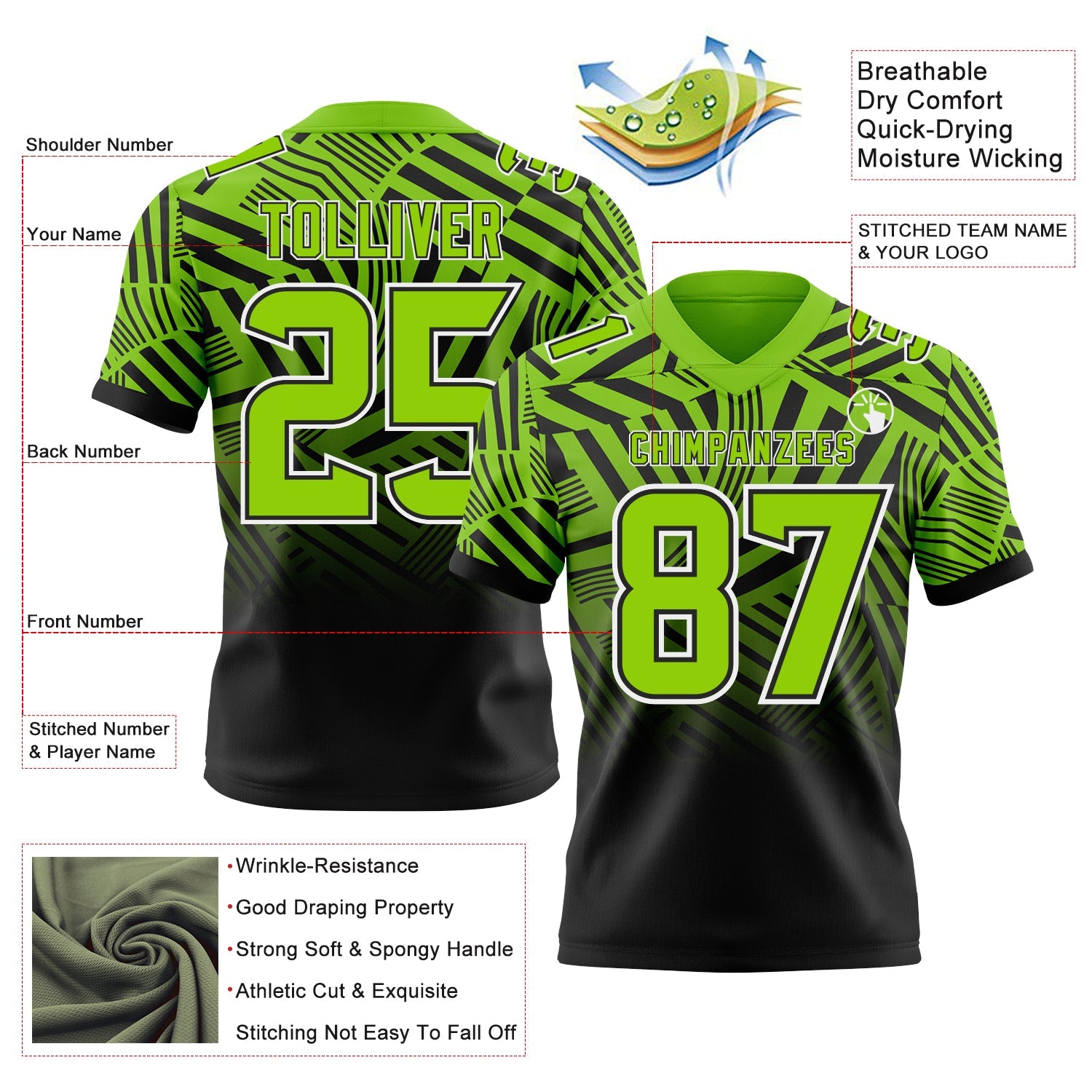 Custom Neon Green Black-White Authentic Abstract Geometric Lines Gradient Football Jersey view 2