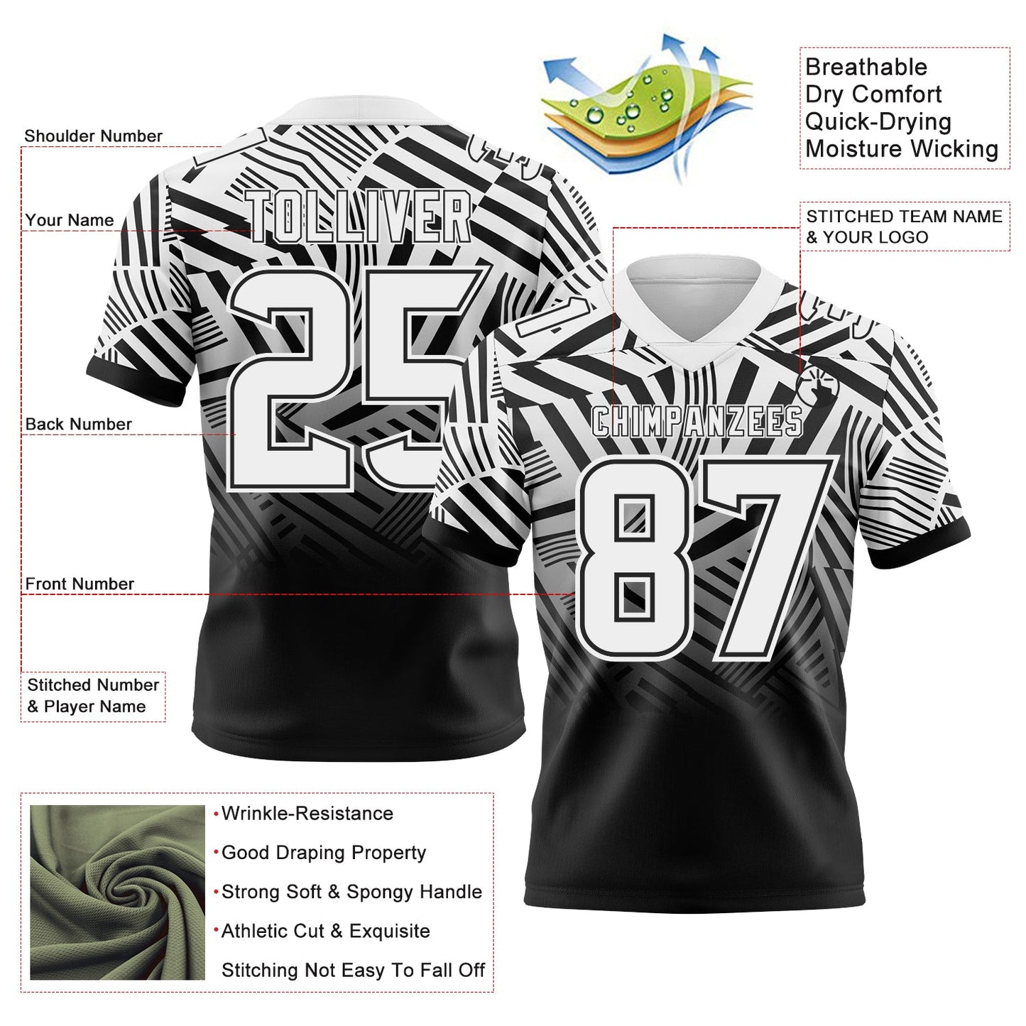 Custom White-Black Authentic Abstract Geometric Lines Gradient Football Jersey view 2