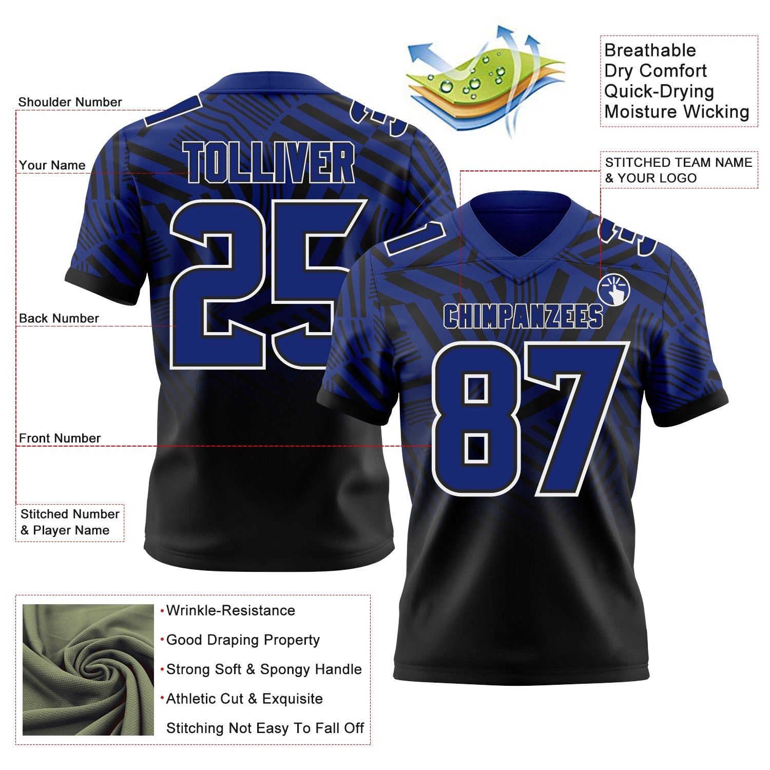 Custom Royal Black-White Authentic Abstract Geometric Lines Gradient Football Jersey view 2