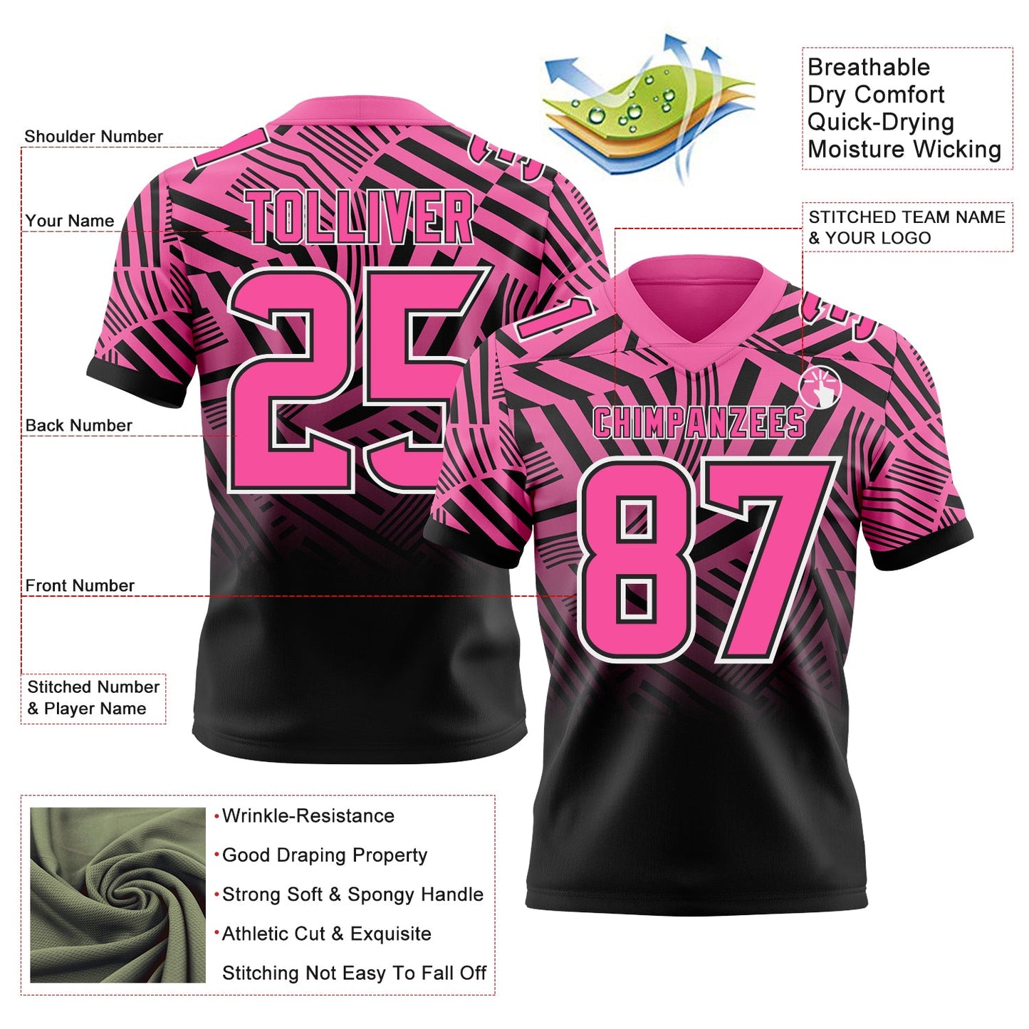 Custom Pink Black-White Authentic Abstract Geometric Lines Gradient Football Jersey view 2