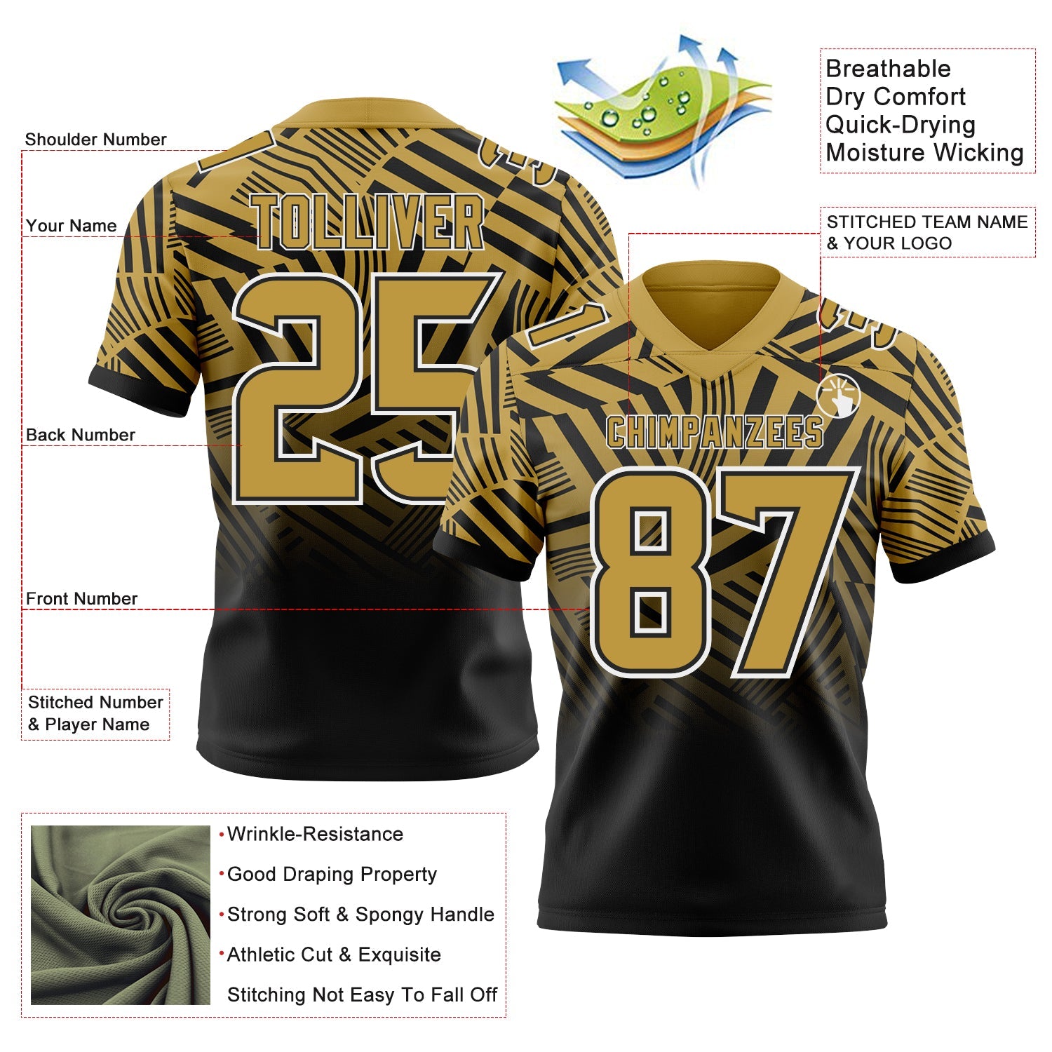 Custom Old Gold Black-White Authentic Abstract Geometric Lines Gradient Football Jersey view 2