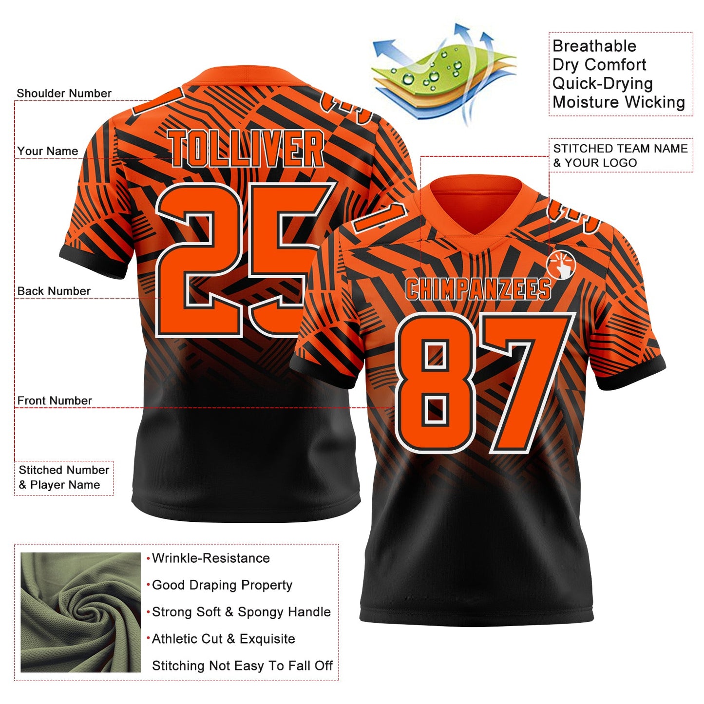 Custom Orange Black-White Authentic Abstract Geometric Lines Gradient Football Jersey view 2
