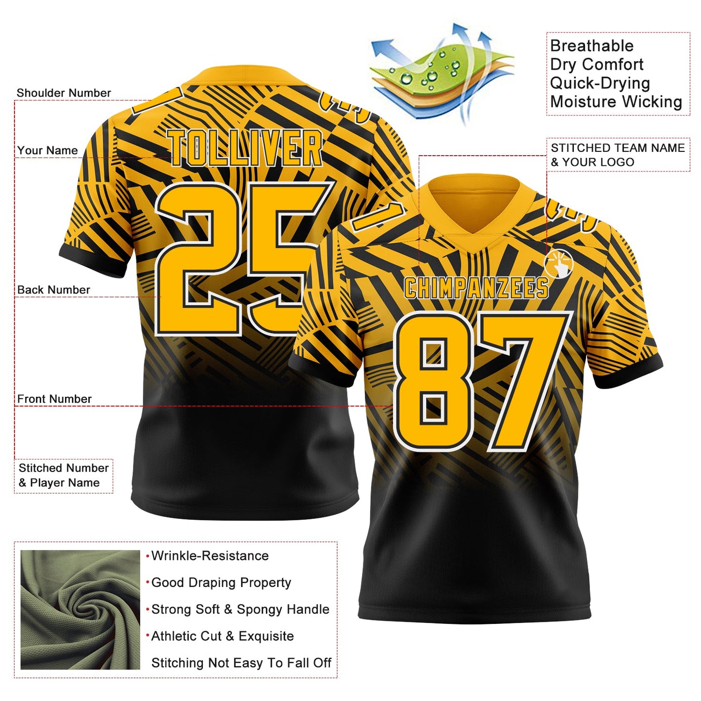 Custom Gold Black-White Authentic Abstract Geometric Lines Gradient Football Jersey view 2