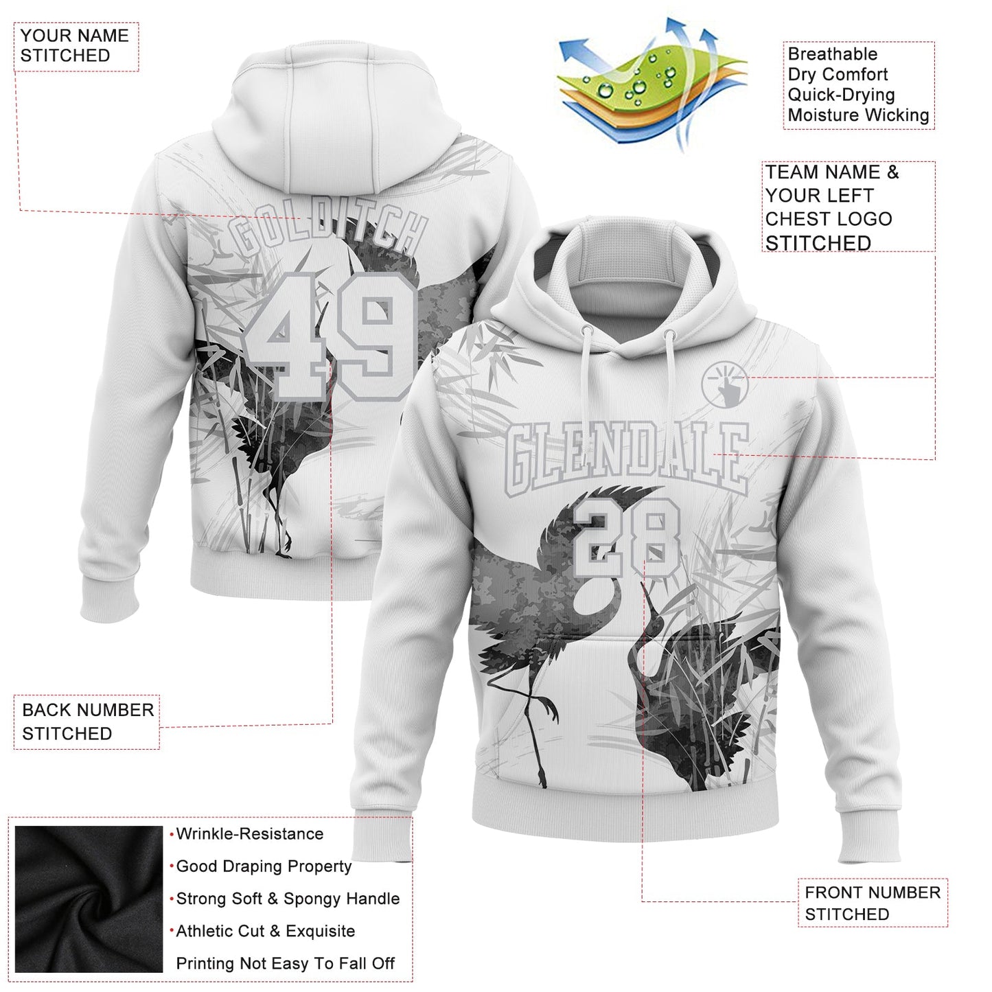 Custom Stitched White Gray 3D Pattern Design Heron Sports Pullover Sweatshirt Hoodie view 2