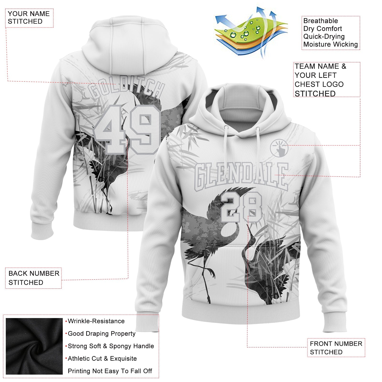 Custom Stitched White Gray 3D Pattern Design Heron Sports Pullover Sweatshirt Hoodie view 2