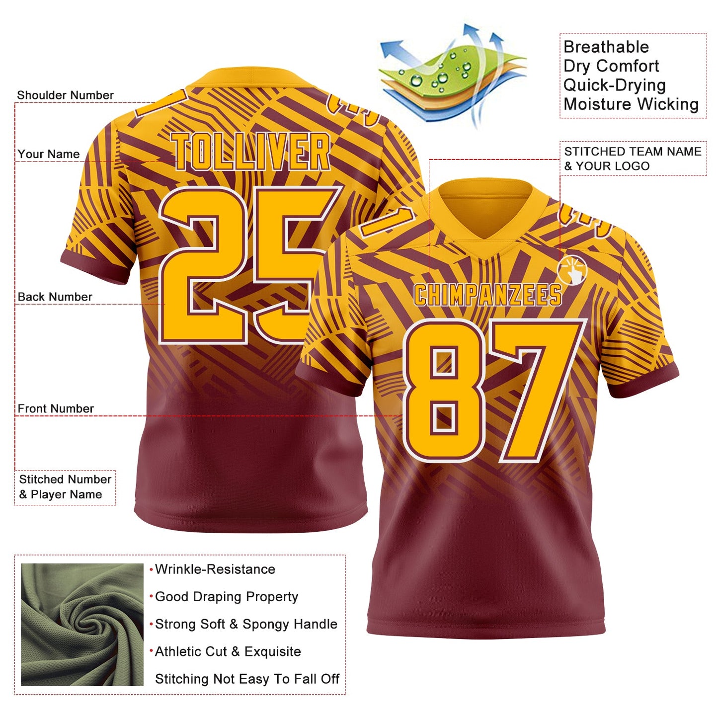 Custom Gold Burgundy-White Authentic Abstract Geometric Lines Gradient Football Jersey view 2
