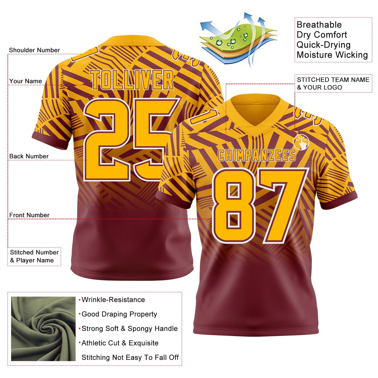 Custom Gold Burgundy-White Authentic Abstract Geometric Lines Gradient Football Jersey view 2