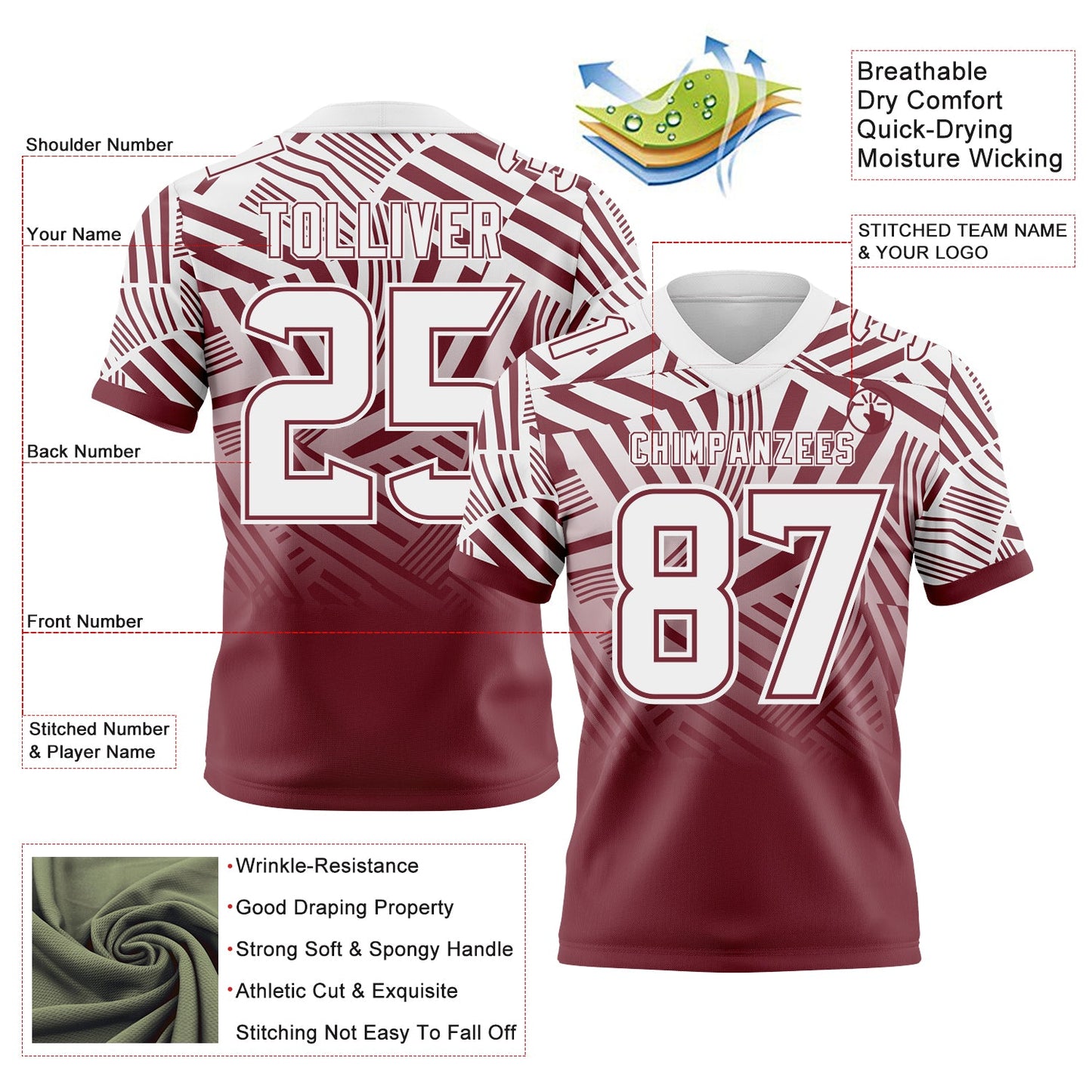 Custom White-Burgundy Authentic Abstract Geometric Lines Gradient Football Jersey view 2