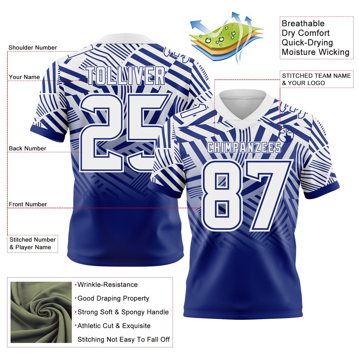 Custom White-Royal Authentic Abstract Geometric Lines Gradient Football Jersey view 2