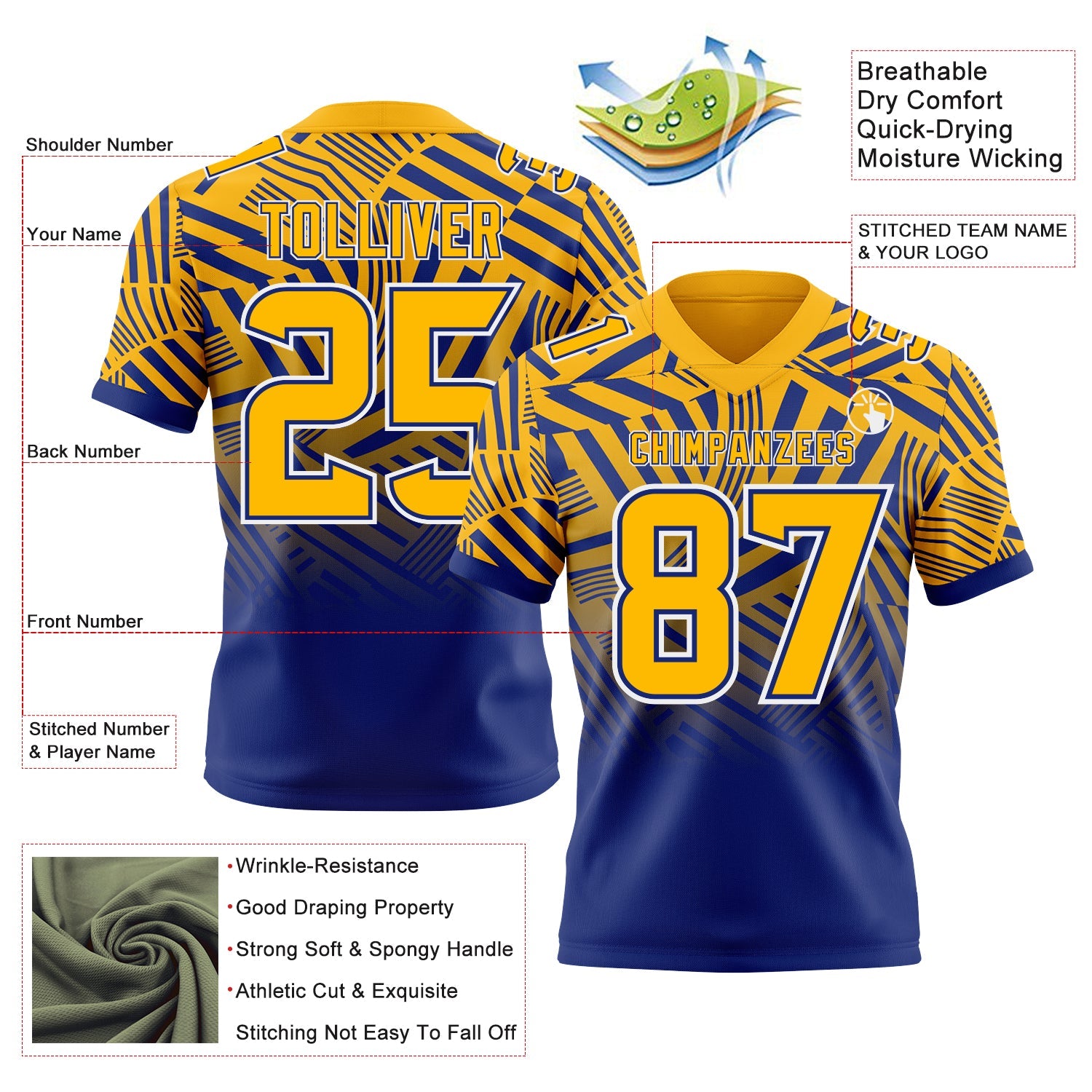 Custom Gold Royal-White Authentic Abstract Geometric Lines Gradient Football Jersey view 2