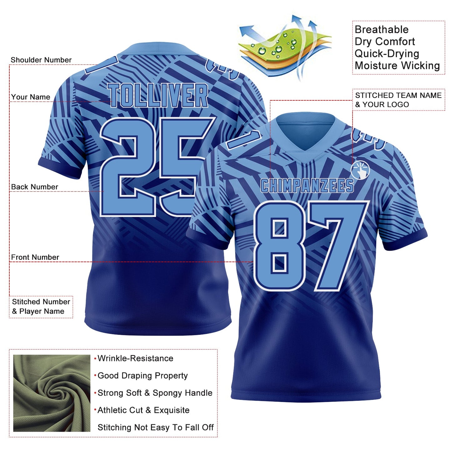 Custom Light Blue Royal-White Authentic Abstract Geometric Lines Gradient Football Jersey view 2