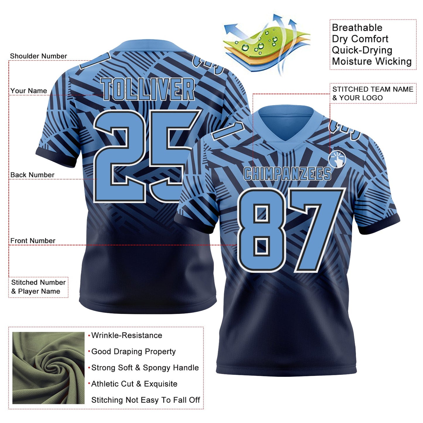 Custom Light Blue Navy-White Authentic Abstract Geometric Lines Gradient Football Jersey view 2