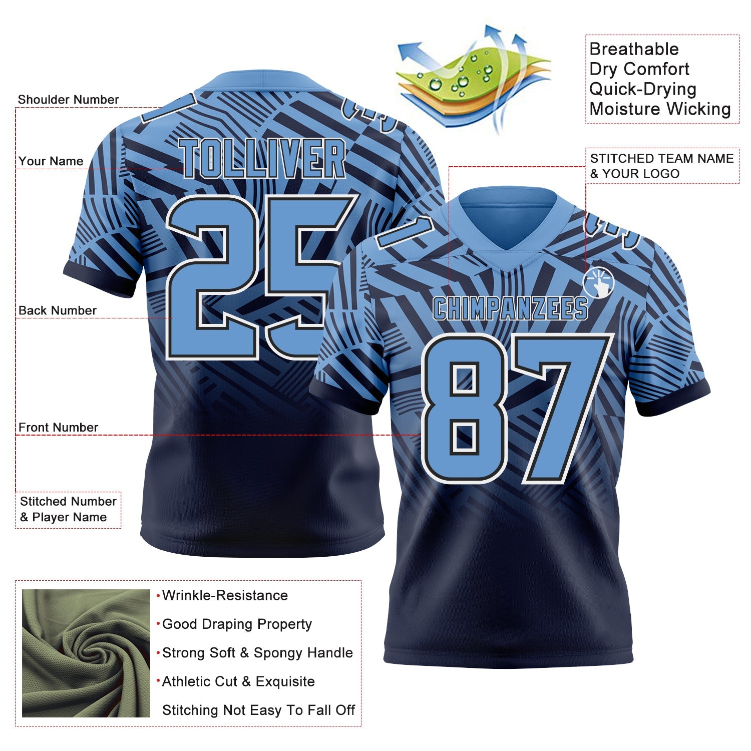 Custom Light Blue Navy-White Authentic Abstract Geometric Lines Gradient Football Jersey view 2