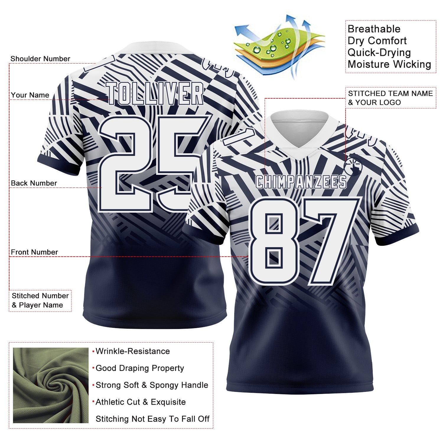 Custom White-Navy Authentic Abstract Geometric Lines Gradient Football Jersey view 2