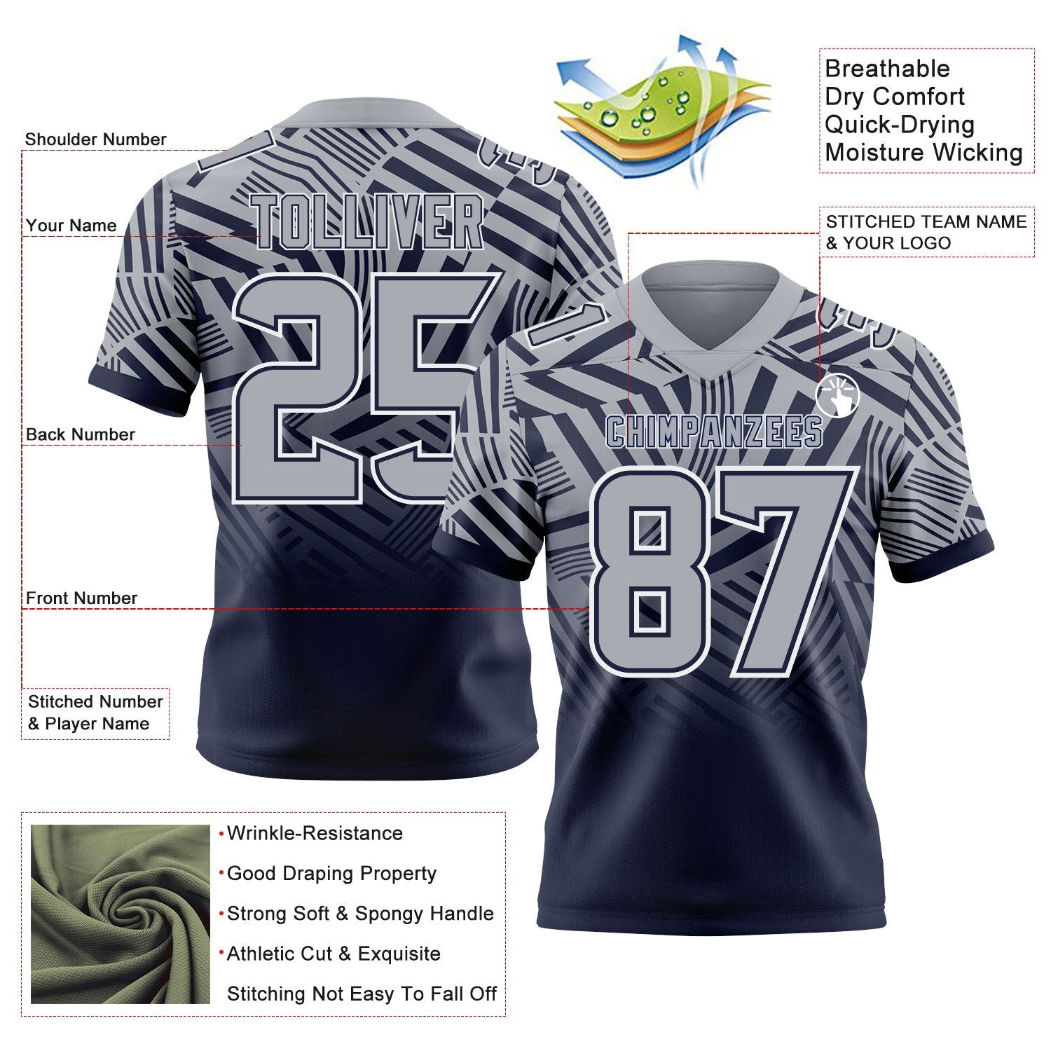 Custom Gray Navy-White Authentic Abstract Geometric Lines Gradient Football Jersey view 2