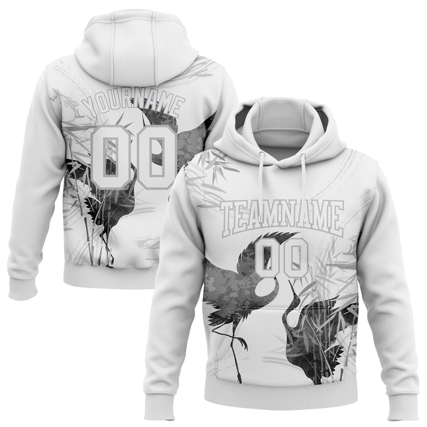 Custom Stitched White Gray 3D Pattern Design Heron Sports Pullover Sweatshirt Hoodie - Main View