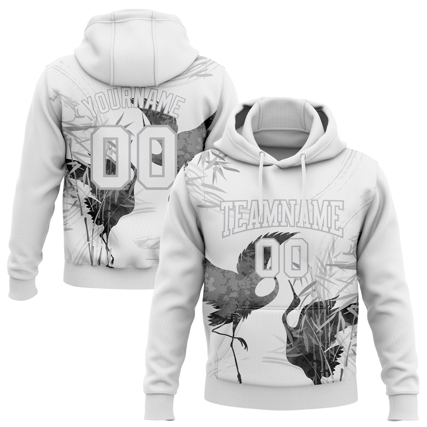 Custom Stitched White Gray 3D Pattern Design Heron Sports Pullover Sweatshirt Hoodie - Main View