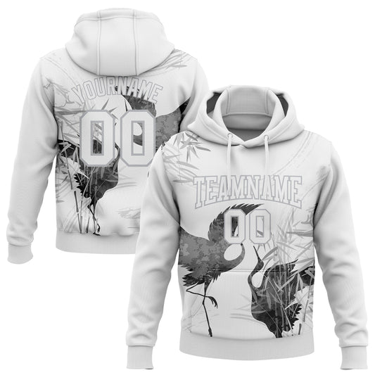 Custom Stitched White Gray 3D Pattern Design Heron Sports Pullover Sweatshirt Hoodie - Main View