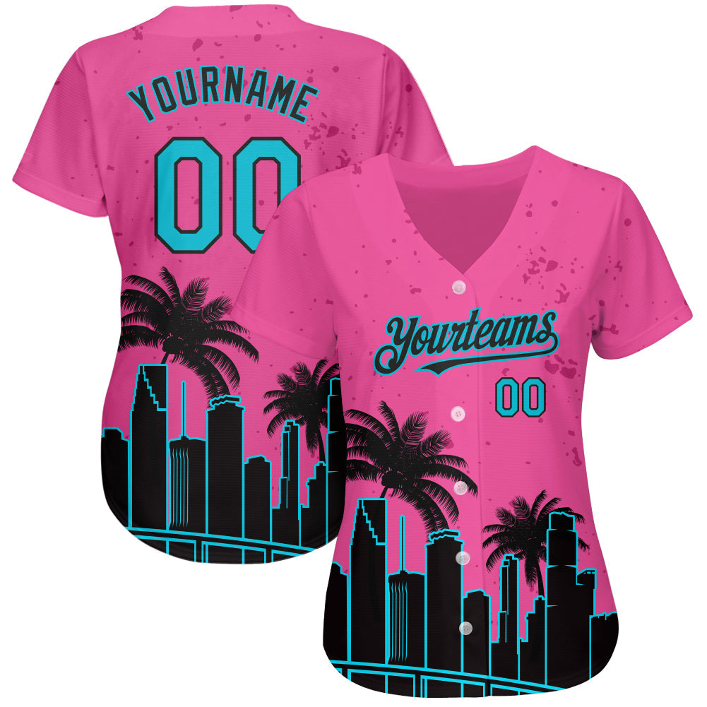 Custom Pink Lakes Blue-Black 3D Miami Palm Trees City Edition Authentic Baseball Jersey view 3
