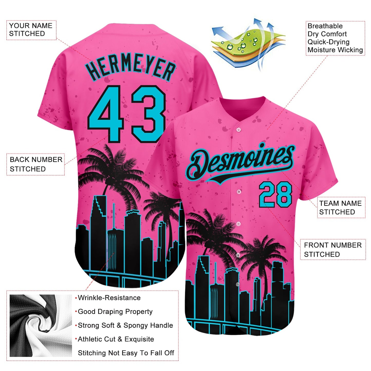 Custom Pink Lakes Blue-Black 3D Miami Palm Trees City Edition Authentic Baseball Jersey view 4