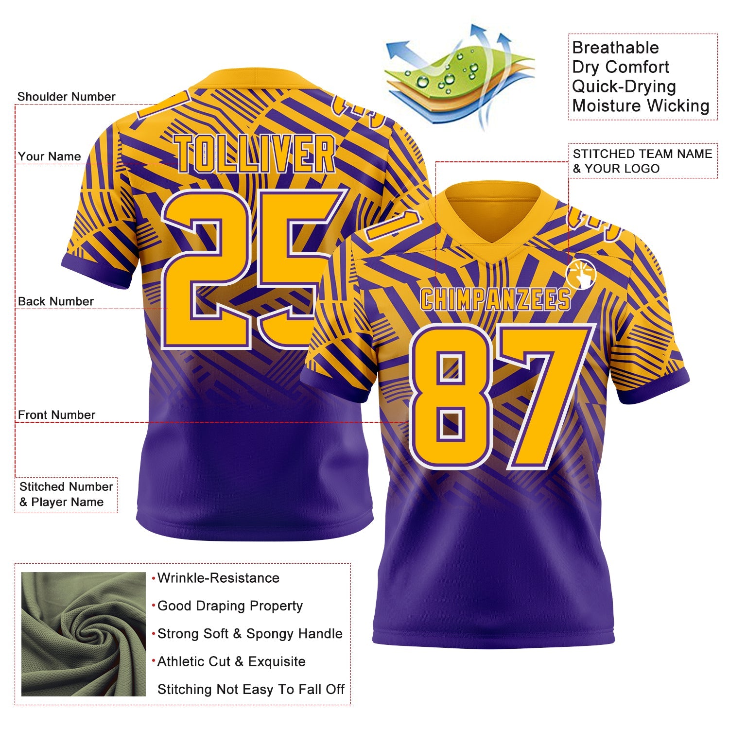 Custom Gold Purple-White Authentic Abstract Geometric Lines Gradient Football Jersey view 2