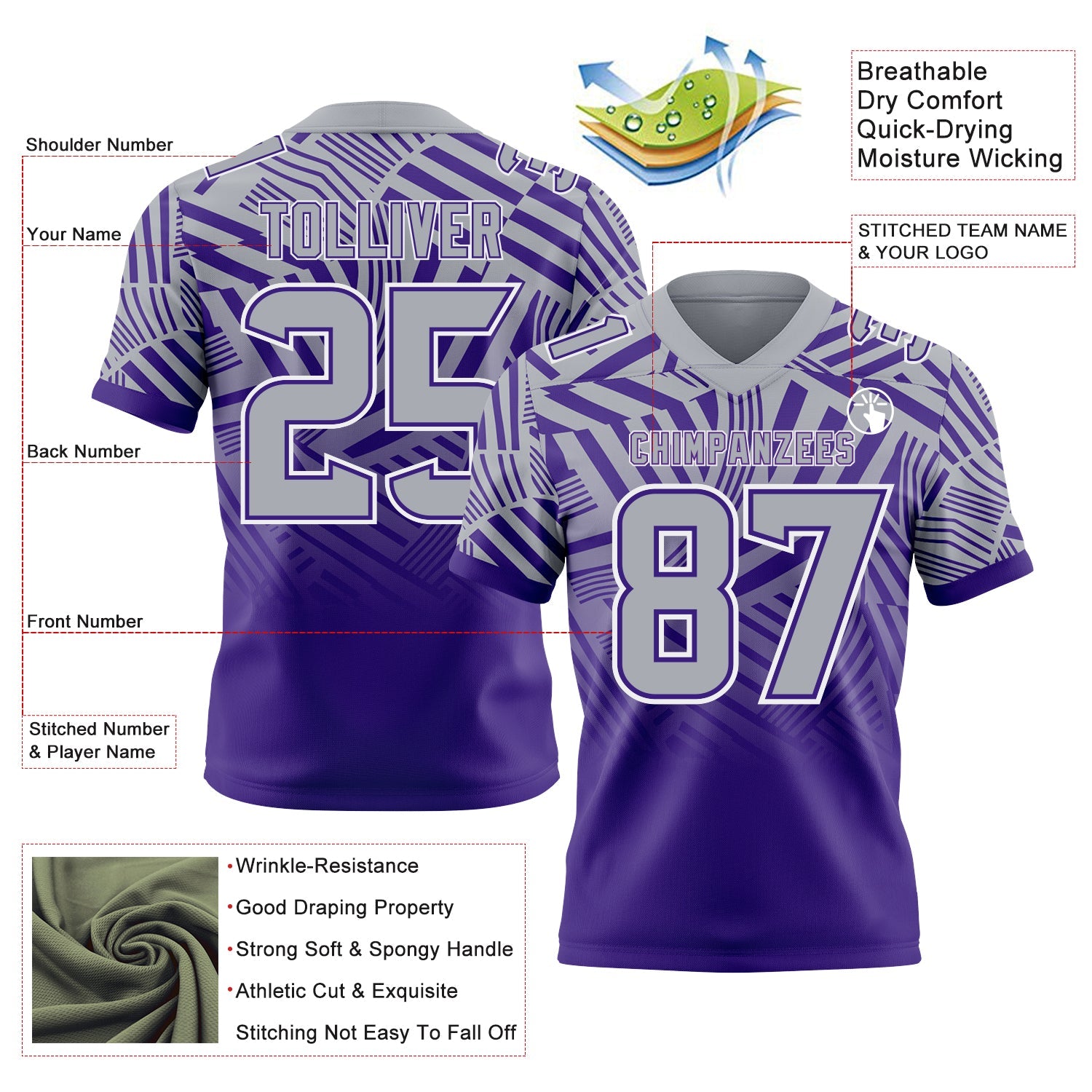 Custom Gray Purple-White Authentic Abstract Geometric Lines Gradient Football Jersey view 2