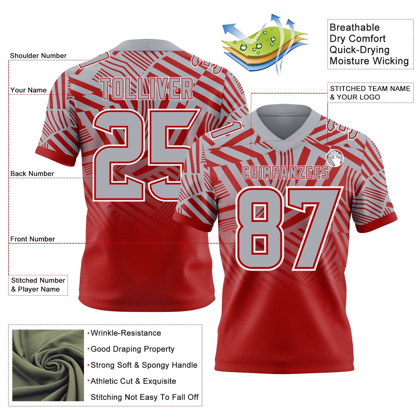 Custom Gray Red-White Authentic Abstract Geometric Lines Gradient Football Jersey view 2