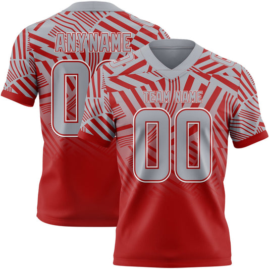 Custom Gray Red-White Authentic Abstract Geometric Lines Gradient Football Jersey - Main View