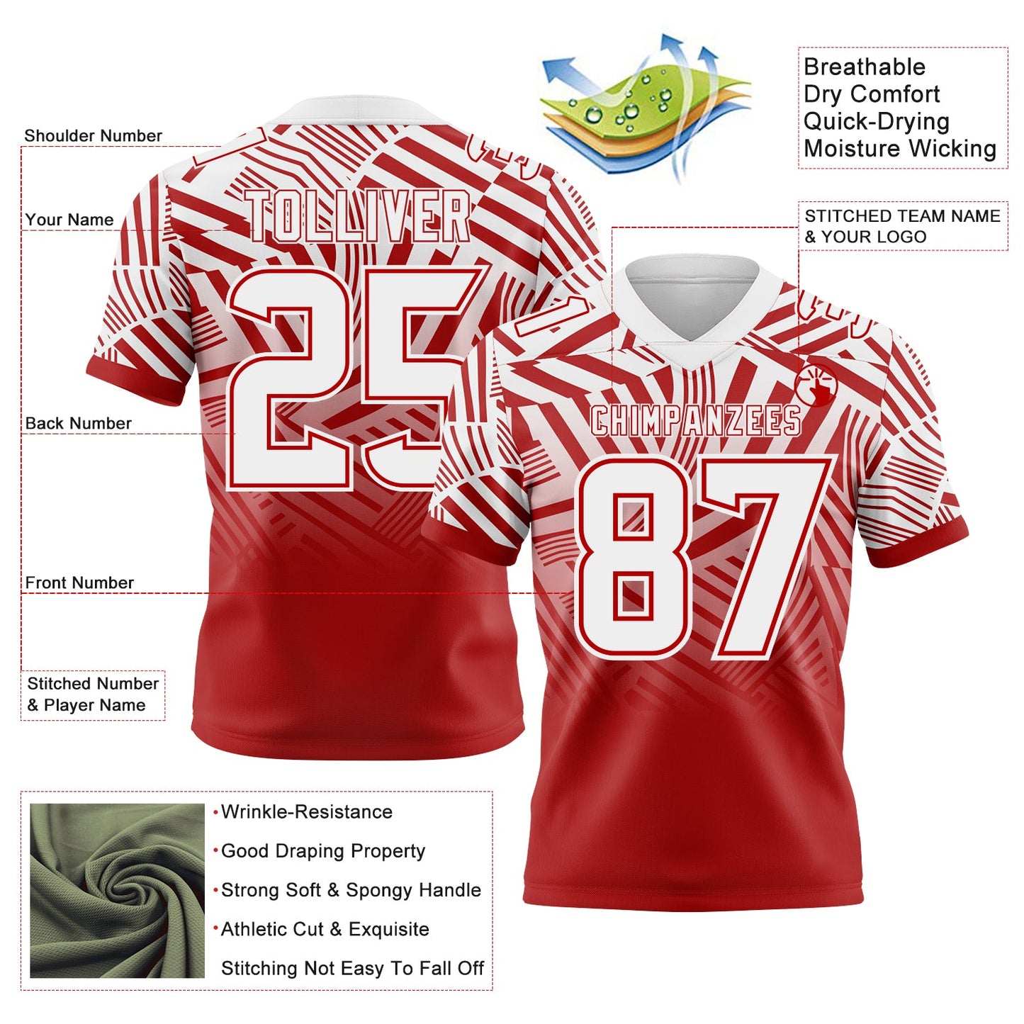Custom White-Red Authentic Abstract Geometric Lines Gradient Football Jersey view 2
