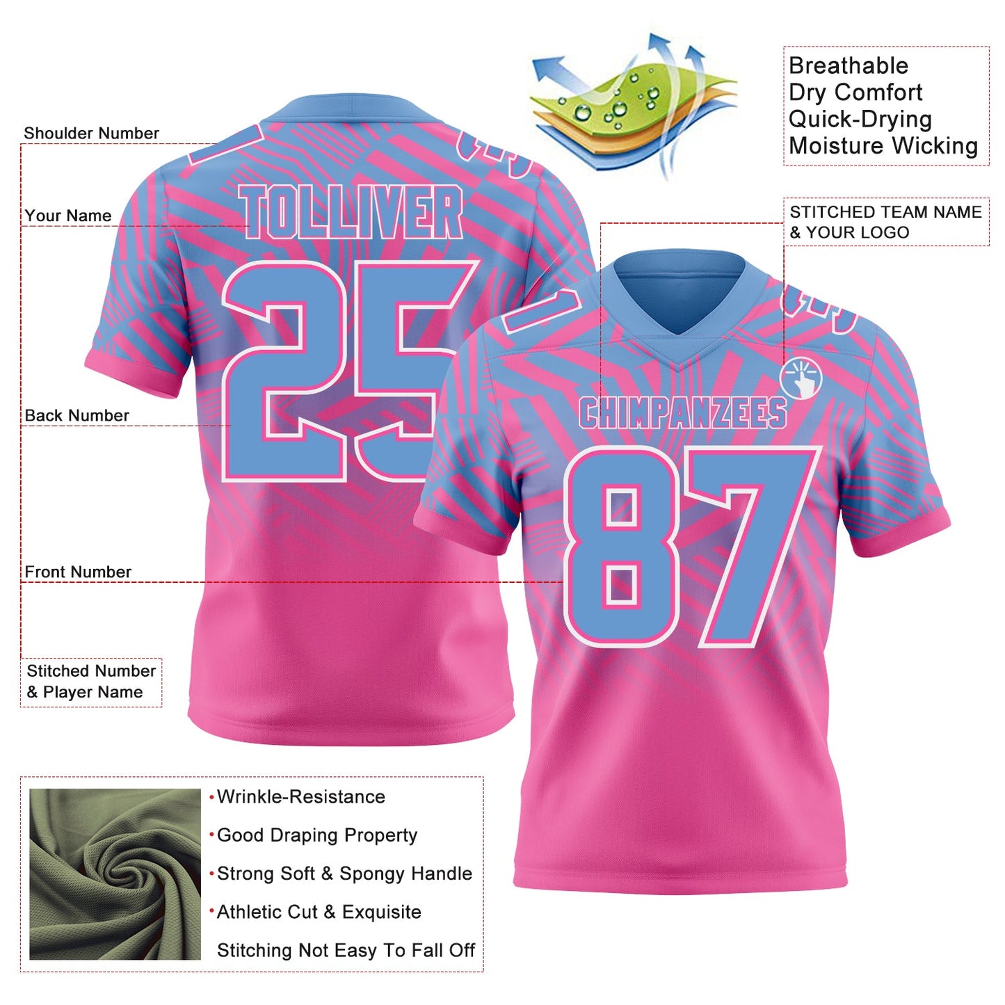 Custom Light Blue Pink-White Authentic Abstract Geometric Lines Gradient Football Jersey view 2