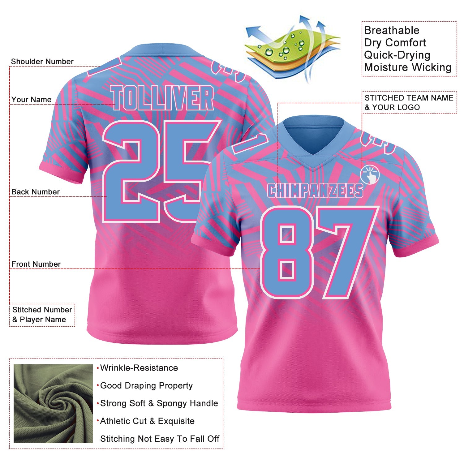 Custom Light Blue Pink-White Authentic Abstract Geometric Lines Gradient Football Jersey view 2