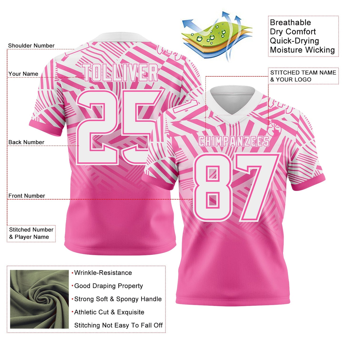 Custom White-Pink Authentic Abstract Geometric Lines Gradient Football Jersey view 2