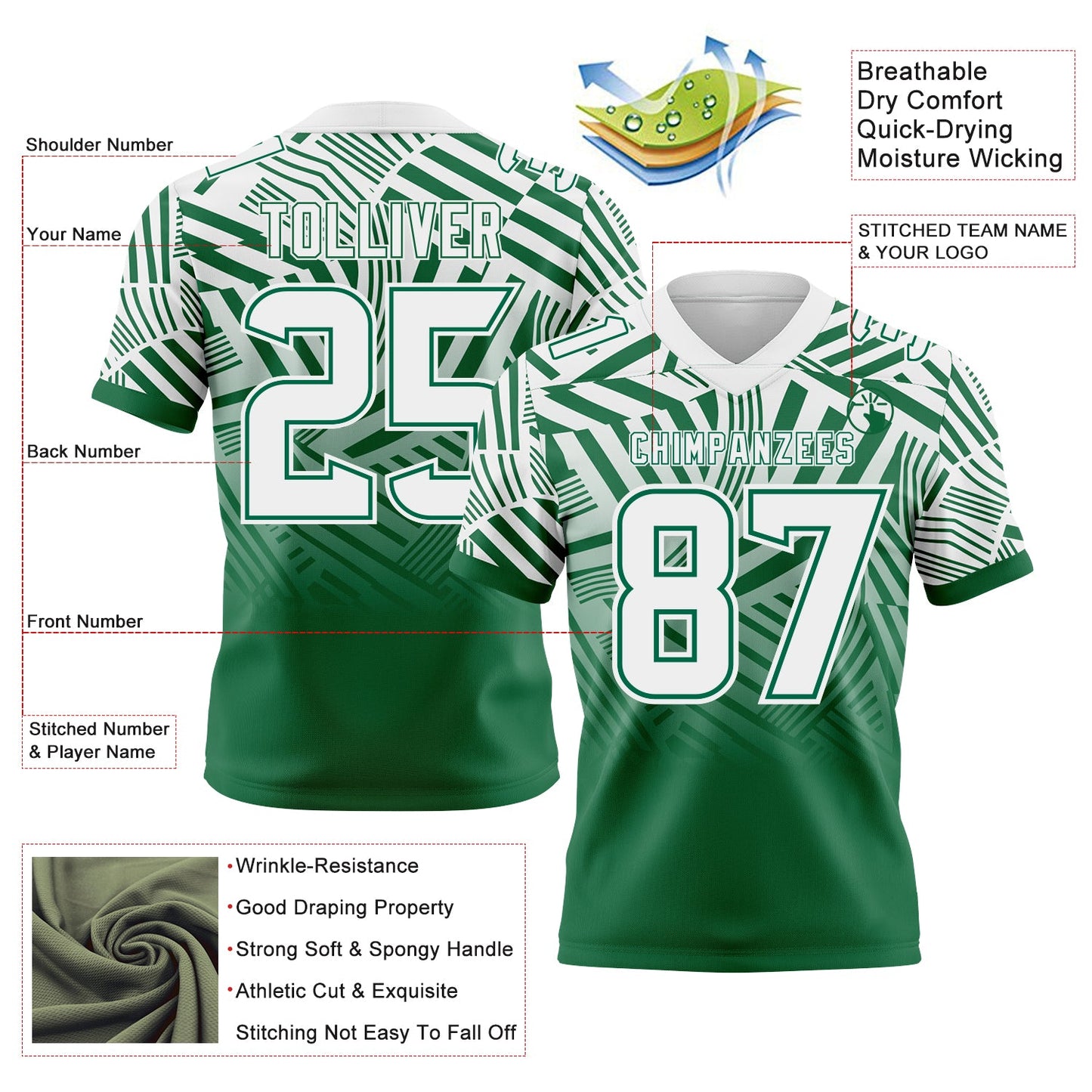 Custom White-Kelly Green Authentic Abstract Geometric Lines Gradient Football Jersey view 2