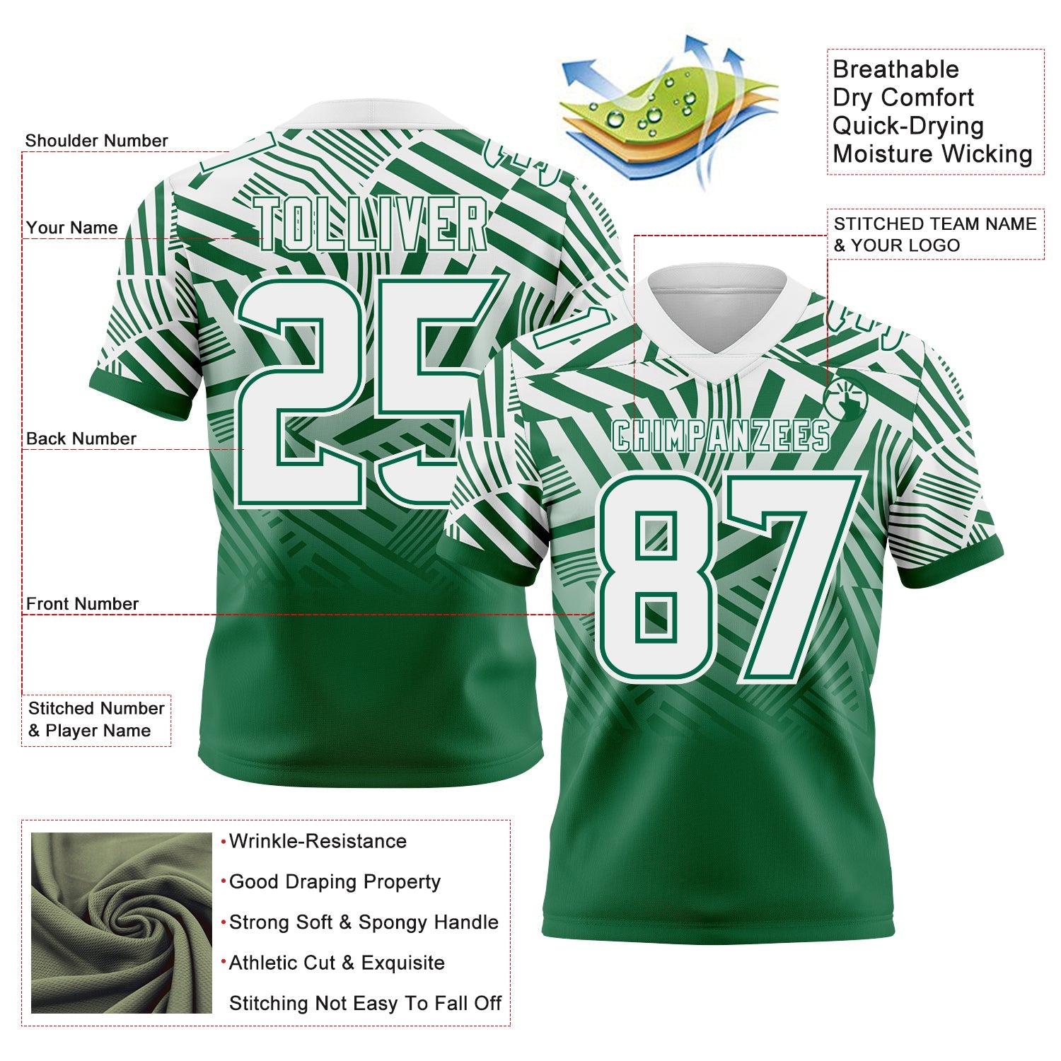 Custom White-Kelly Green Authentic Abstract Geometric Lines Gradient Football Jersey view 2