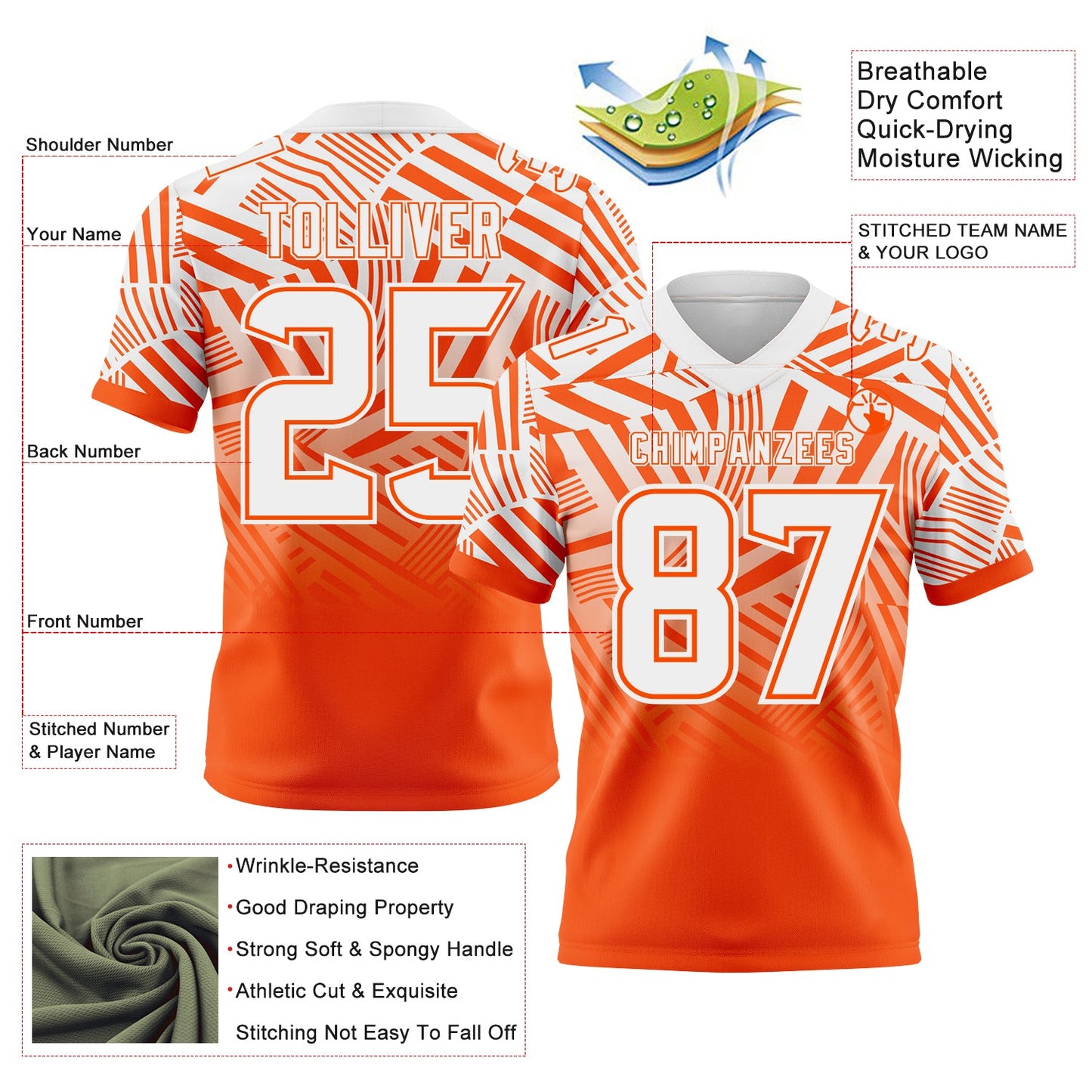 Custom White-Orange Authentic Abstract Geometric Lines Gradient Football Jersey view 2