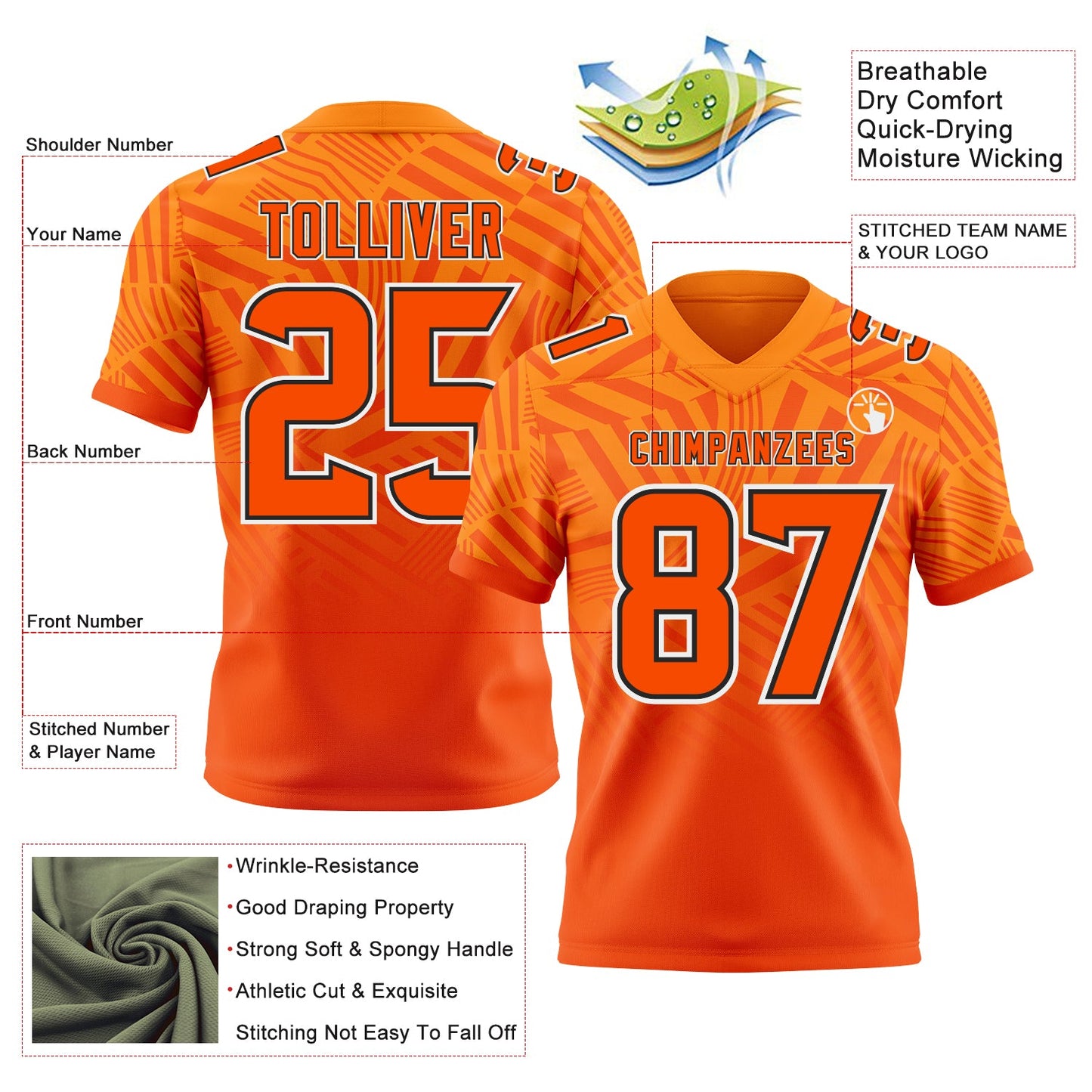 Custom Bay Orange Orange Black-White Authentic Abstract Geometric Lines Gradient Football Jersey view 2