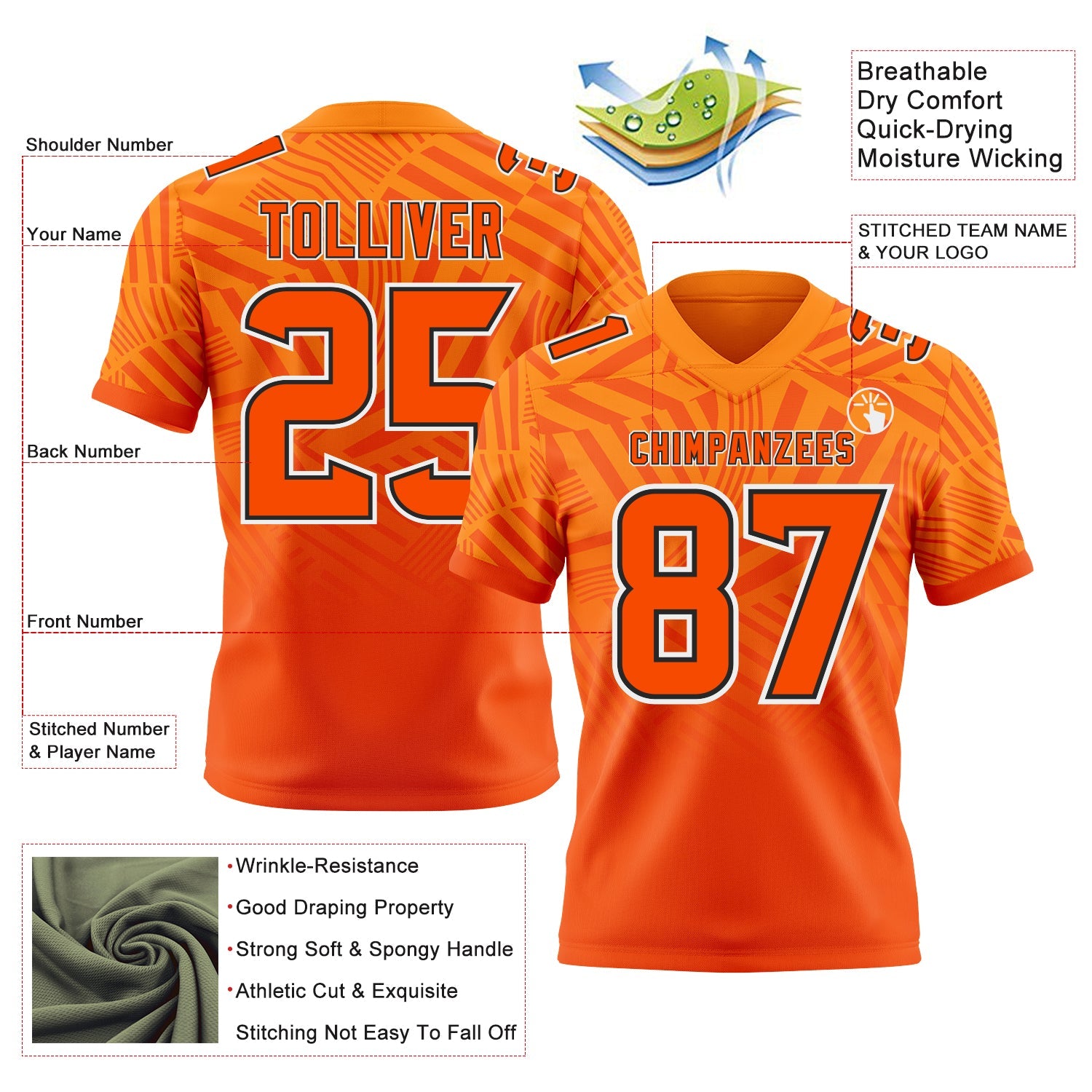 Custom Bay Orange Orange Black-White Authentic Abstract Geometric Lines Gradient Football Jersey view 2