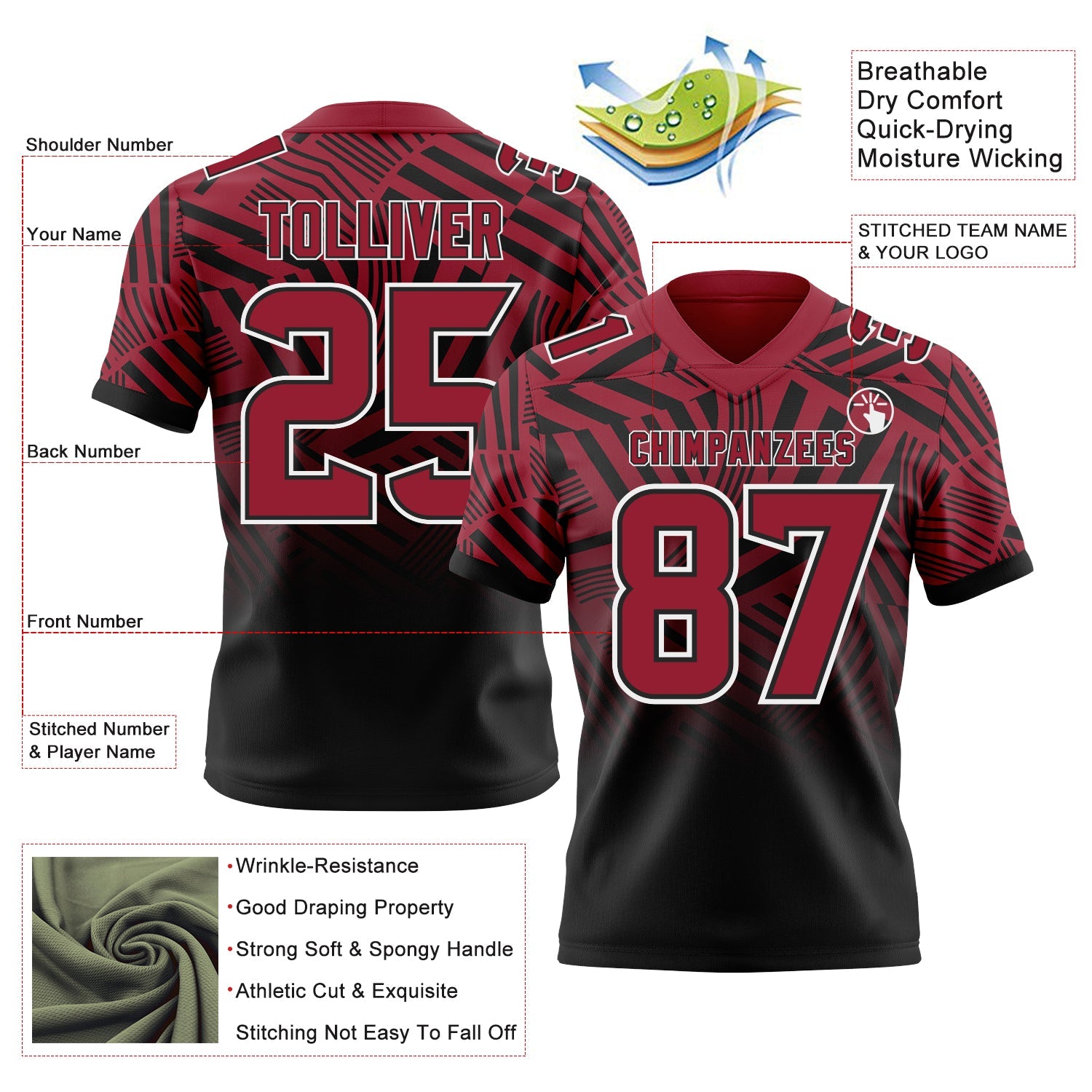 Custom Cardinal Black-White Authentic Abstract Geometric Lines Gradient Football Jersey view 2